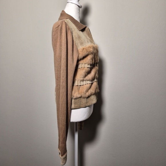 Bebe Vintage Leather Suede & Fur Y2K Collared Knit Bomber Downtown Fall Jacket L - Picture 6 of 9